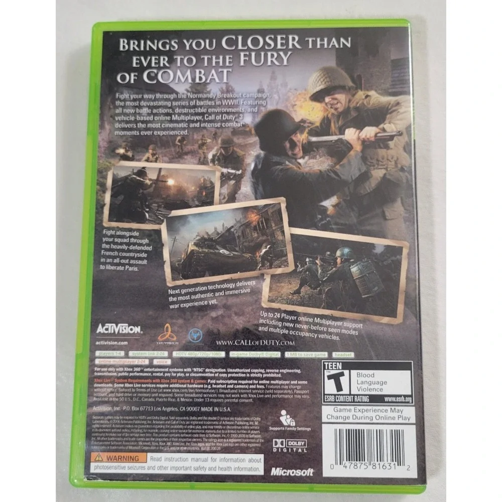 Call of Duty 3 (Microsoft Xbox 360, 2006) CIB Xbox complete video game w/ manual